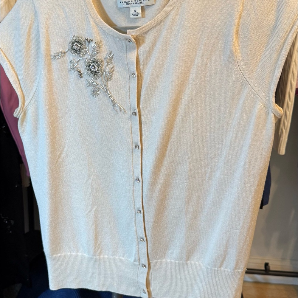 Banana Republic Cream Button Down Shirt with Floral Embellishment